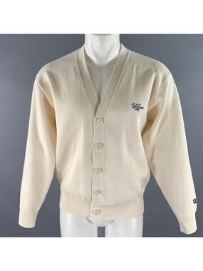 WILSON Size S Cream Navy Logo Cotton Cardigan